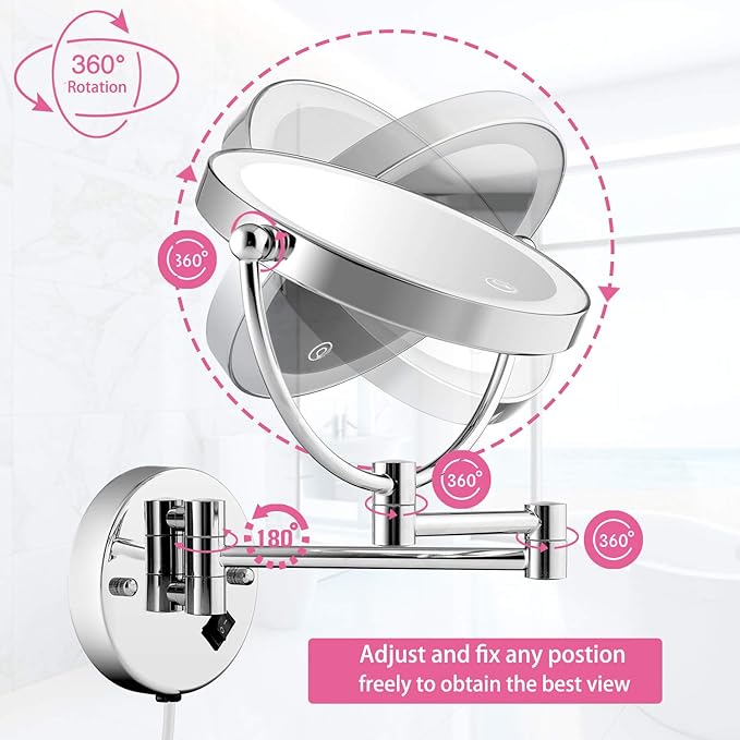 Wall Mounted Lighted Makeup Mirror, 8 Inch Double-Sided 1X 5X Magnifying Mirror for Bathroom, 11'' Extendable Arm, 360° Swivel, Touch DimmableLED Lights, Powered by Plug in, Chrome