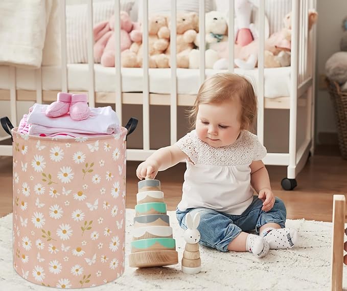 Pink Daisy Kids Laundry Basket Baby Hamper Daisy Toy Storage Bin for Boys Room Decor Baby Nursery Hamper Gift Baskets for Bedroom Bathroom(Pink Daisy)