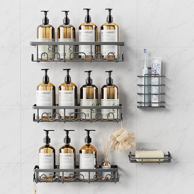 Shower Caddy, 5 Pack Shower Shelves for Inside Bathroom, Rustproof Adhesive Bathroom Organizer with Soap Holder, No Drilling Washroom Organizers and Storage for Bathtub Room/Kitchen/Home, Grey