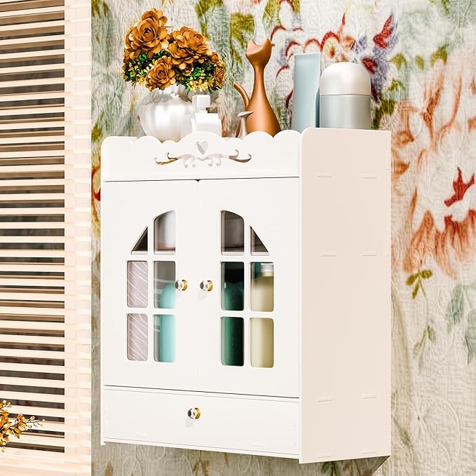 Wall-Mounted Bathroom Cabinet, Punch-Free Bathroom Storage Organizer with Hollow Flower Carving, Bathroom Wall Shelf Bathroom Storage Cabinet with 2 Doors & Drawer, Ideal for Cosmetics Toile
