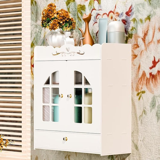 Wall-Mounted Bathroom Cabinet, Punch-Free Bathroom Storage Organizer with Hollow Flower Carving, Bathroom Wall Shelf Bathroom Storage Cabinet with 2 Doors & Drawer, Ideal for Cosmetics Toile