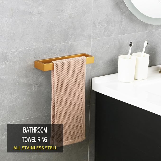 GERZWY Gold Stainless Steel Towel Holder Towel Hanger Towel Ring for Bathroom Lavatory Wall Mount Contemporary Style