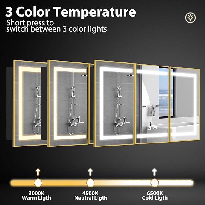 ROOMTEC Lighted Medicine Cabinet with Mirror, Bathroom Mirror Cabinet with Lights and Storage, 3 Doors Bathroom Wall Cabinet with LED Lights,Gold, 48"x32"