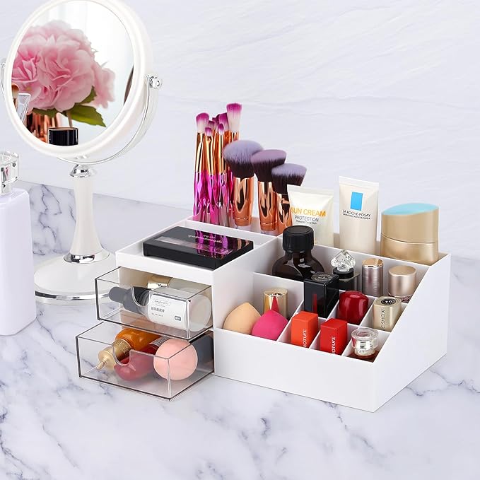 LETURE Desk Organizer, Cosmetic Makeup Vanity Organizer Box, Bathroom Counter Makeup Storage for Eyeshadows, Skin Care, Concealers, Powders, Nail Polish (White)