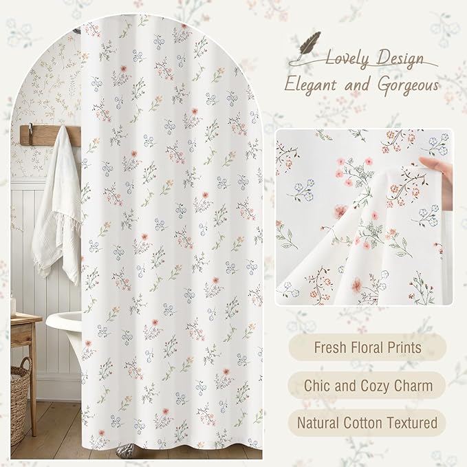 Floral Farmhouse Vintage Cotton Shower Curtain, French Country Shower Curtains for Bathroom, 72Wx72H
