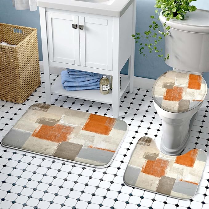 Lnond 4Pcs Bathroom Shower Curtain Sets with Rugs,Orange Modern Painting Art Bathroom Sets with Shower Curtain and Rugs and Accessories
