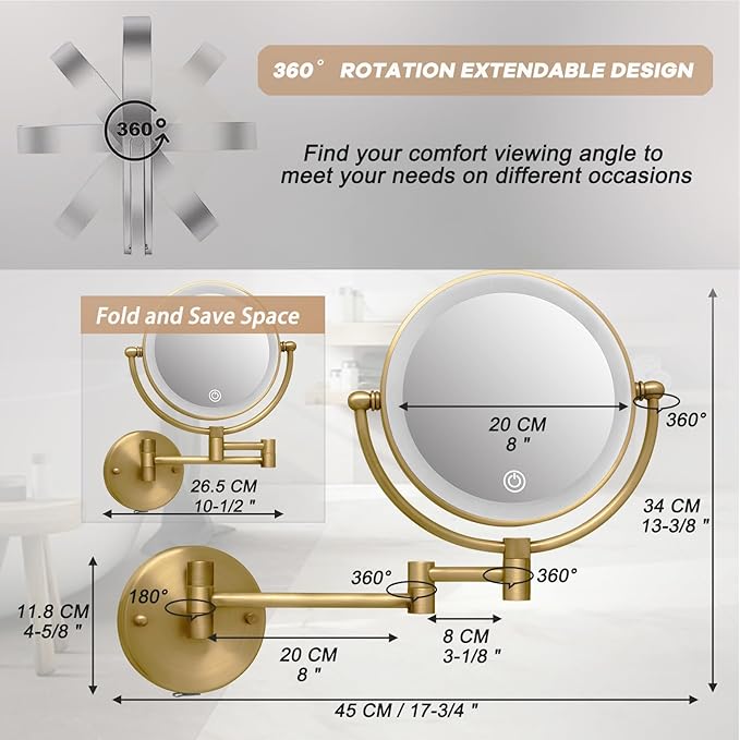 Antique Brass Rechargeable Wall Mounted Makeup Mirror, 1X/10X Magnifying Mirror for Bathroom, 8 Inch 2 Sided 360 Swivel Extendable Arm Vanity Shaving Mirror for Bathroom