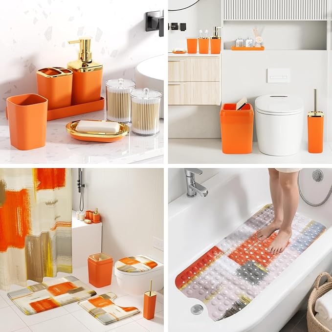 XLHOMO Bathroom Accessories Set - 26PCS Orange Bathroom Set, Luxury Bathroom Accessory Set with Shower Curtain and Rugs and Bathtub Mats for Home
