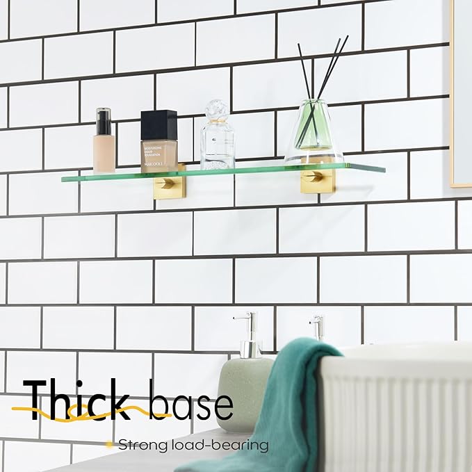 KOKOSIRI Wall Shelves 20-Inch Floating Tempered Glass Shelf Bathroom Hardware Kitchen Hanging Rack Shower Storage, Brushed Gold Stainless Steel B1107BG-L20