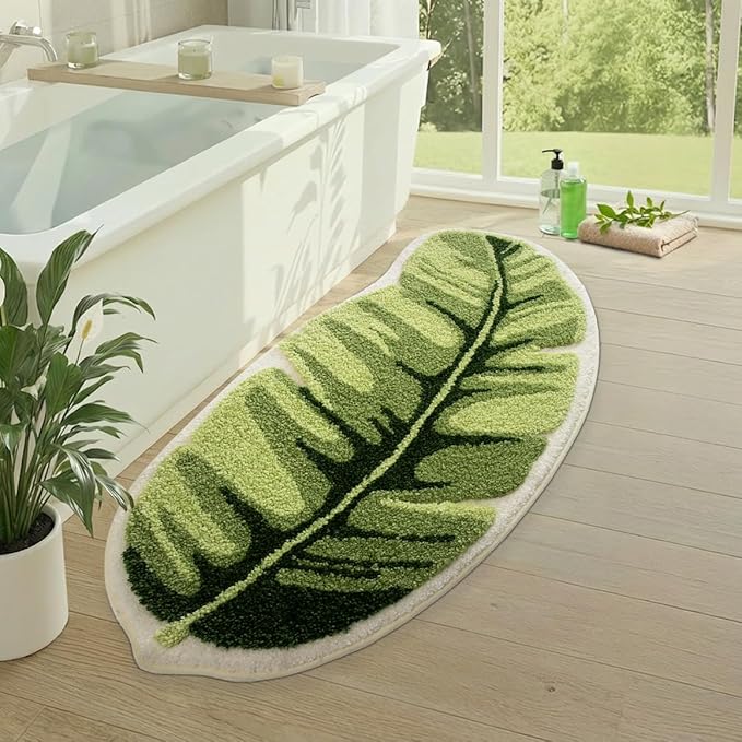 LUMI Cute Bathroom Rugs with Green Leaf Plant, Soft, Fluffy, Plush, Absorbent, Quick Dry, Non Slip, Machine Washable for Shower Floor, Bathroom, Bedroom,Kids Room, 24"x48", Palm Leaf