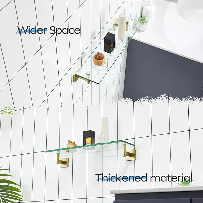 KOKOSIRI 20-Inch Bathroom Shelves Glass Floating Shelf Toilet Roll Holder Toilet Paper Holder Stainless Steel Brushed Gold B1105BG-L20+B2008BG