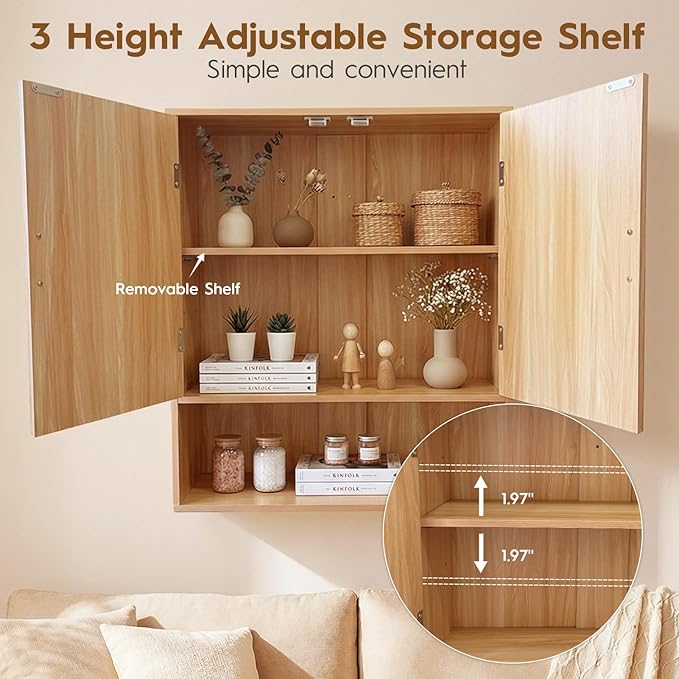 Mazatzal Bathroom Medicine Cabinet, Modern Wall Storage Cabinet with Adjustable Wood Shelf & Grille Design Doors, Over The Toilet Storage Cabinets for Laundry Room, Kitchen, Living Room, Natural
