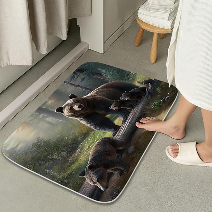 Cute Bear Forest Aesthetic Bathroom Rugs and Mats Sets 3 Piece, Memory Foam Bath Mat, U-Shaped Contour Shower Mat Non Slip Absorbent, Velvet Washable 20 x 31 inch Black and Green