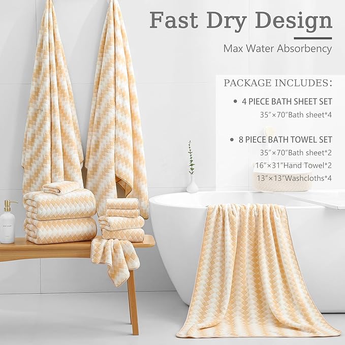 8 Piece Bathroom Towel Set |2 Oversized Bath Towels,2 Hand Towels,4 Washcloths| 600GSM Soft Hotel Towel Set Extra Large Bath Sheet for Bathroom,Highly Absorbent Quick Dry Bath Towel Collections,Beige