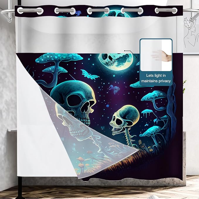 Shrahala Happy Halloween Funny No Hooks Shower Curtain with Snap in Liner Set, Skeletons Grass Mushrooms Starry Sky Bathroom Décor Polyester Fiber Waterproof for Stall Bathtubs 71 x 74 in