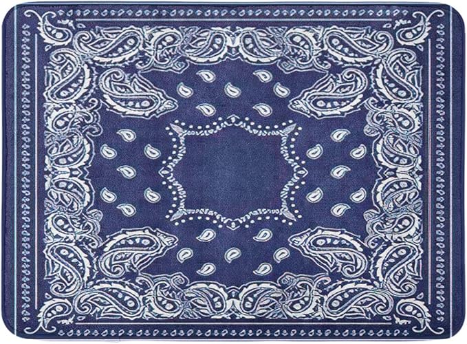 4 Piece Western Shower Curtain Waterproof White and Blue Geometric Line White Bandana Bathroom Sets with Non-Slip Rugs, Toilet Lid Cover and Bath Mat with Standard Size