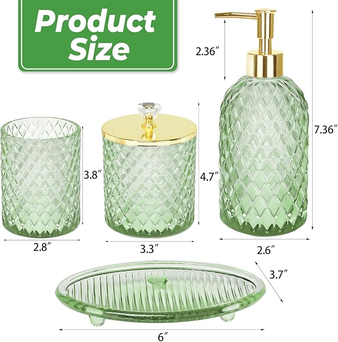Jenseits Emerald Green Glass Bathroom Set 4 Piece - Luxury Diamond Textured Bathroom Accessories - Soap Dispenser, Vanity Tray, Toothbrush Holder, Apothecary Jar - Boho Style Home Decor