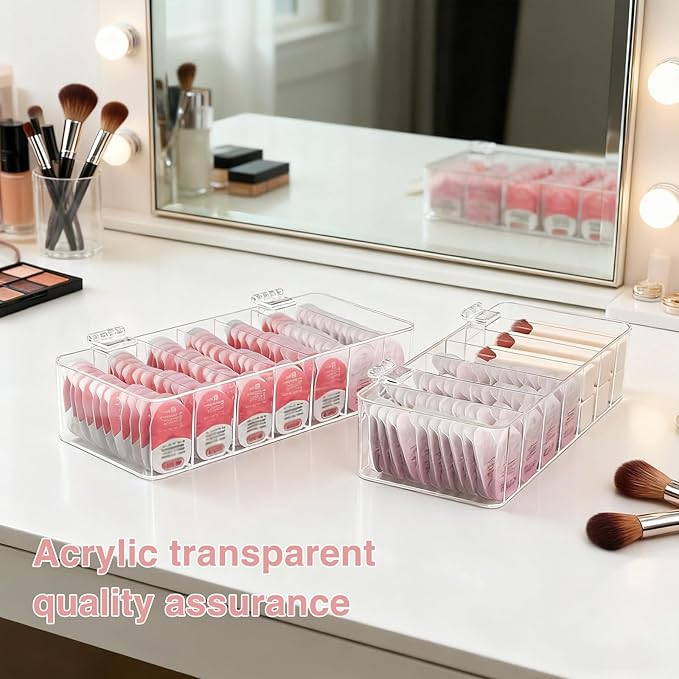 2 Pack Clear Acrylic Makeup Organizers, 7-Section Bathroom Organizer for Drawer, Cosmetic Display Cases with Lid, Blushes Highlighters Eyeshadow Powder Makeup Organizer Holder Storage