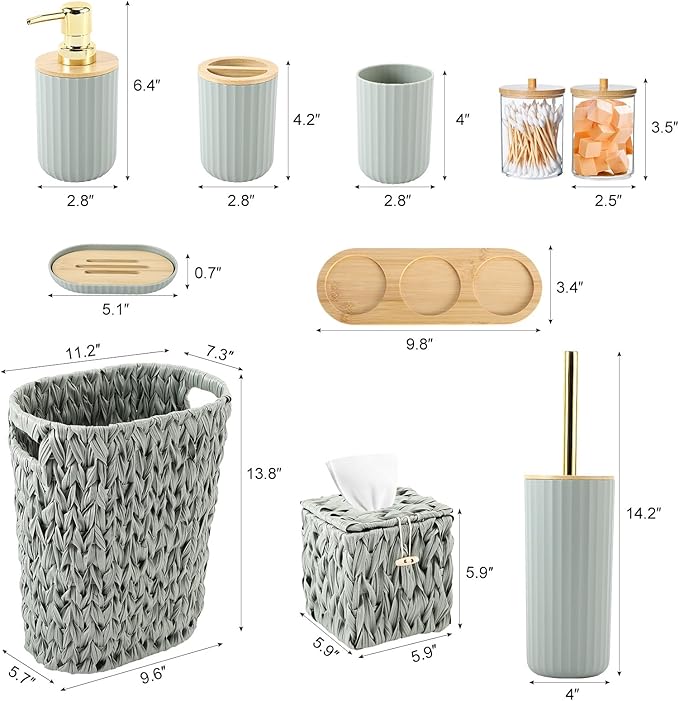 Bathroom Accessory Set, 10 Pieces Bath Set- Wicker Trash Can Tissue Box Soap Dish Toothbrush Holder Rinse Cup Lotion Bottle Toilet Brush Qtip Holder - Practical Bathroom Decor Sets (Green, Bath Set)