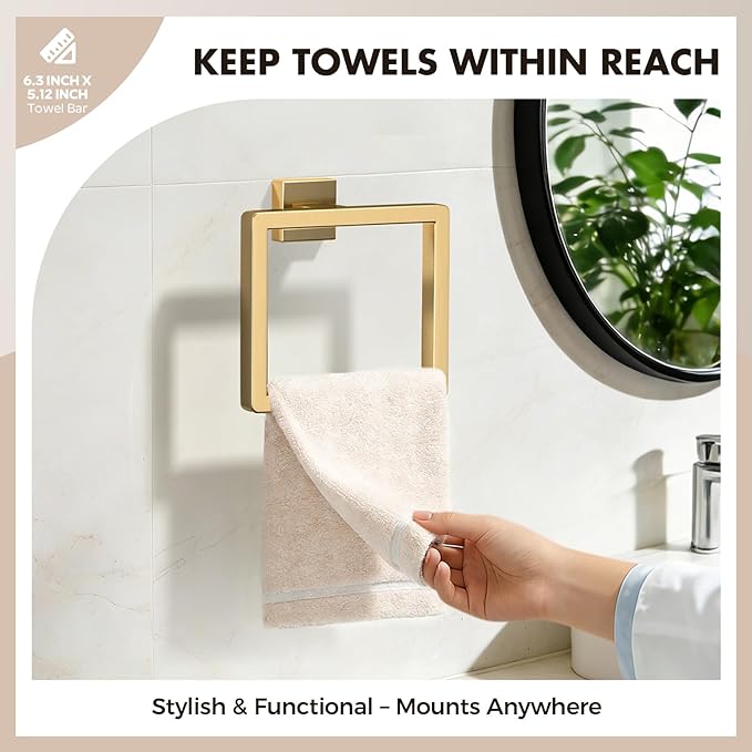 Bathroom Accessory Towel Bar Set: 10 Pieces Gold Square Bathroom Hardware SUS304 Stainless Steel - 24 Inch Wall Mounted Towel Rack&Toilet Paper Holder&Towel Ring and Towel Hook