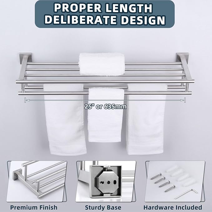 Towel Rack Brushed Nickel, Angle Simple SUS304 Stainless Steel Bath Towel Holder with Shelf for Bathroom Wall 27.56 Inches