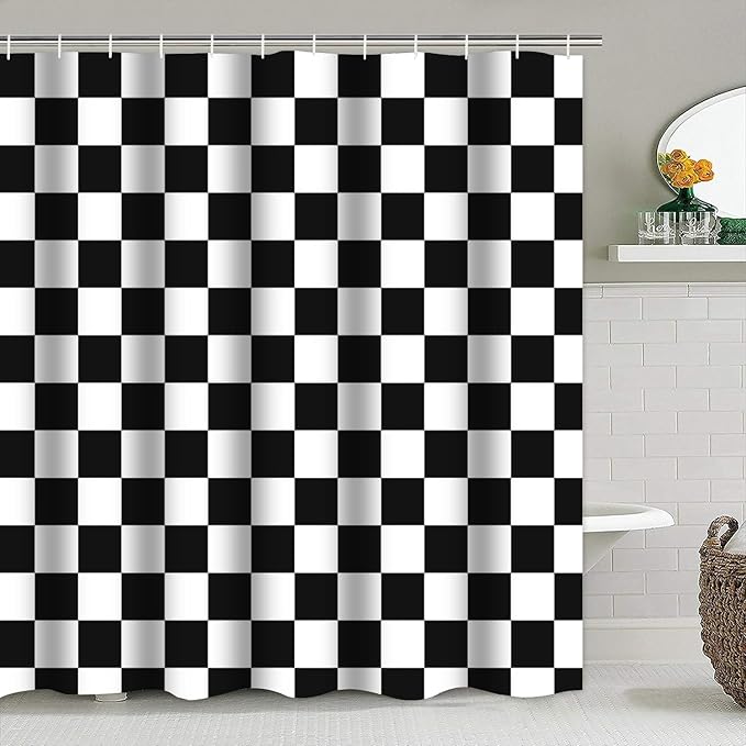 4 PCS Checkered Shower Curtain Sets Fun Gingham Bathroom Sets Soft Non Slip Bath Rugs Toilet Cover U-Shaped Mat Retro Bright Waterproof Shower Curtains with 12 Hooks for Tub Toilet, Black