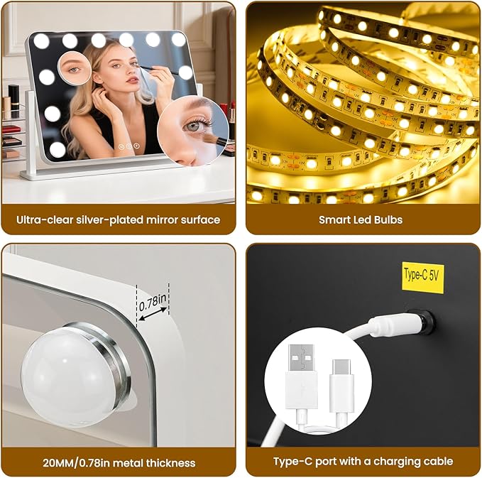 Vanity Mirror with Lights, 18"×14" Hollywood Makeup Mirror with 12 Dimmable Bulbs, 3-Color Lighting, Dimmable, 360° Rotation, 10x Magnification, Desk Mirror, Bedroom (White)