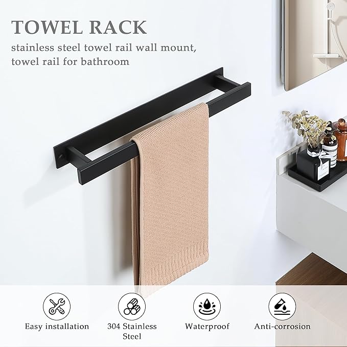 Alise Bathroom Towel Bar, 16 Inch Matte Black Towel Racks for Bathroom and Lavatory, SUS304 Stainless Steel Hand Towel Holder Towel Rail,Wall Mount with Self-Adhesive or Screw-in,GJZ5040-B