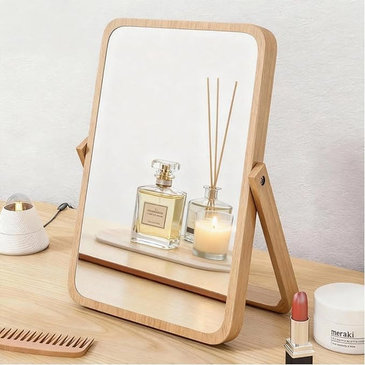 Tumecos Folding Bamboo Vanity Mirror, Tabletop Makeup Mirror, Adjustable HD Rectangle Mirror with Sturdy Stand, Natural Bamboo Frame for Bathroom, Bedroom, Dressing Room,Gift,S