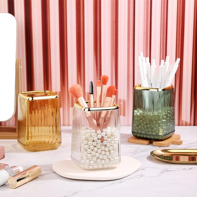 Gold Clear Makeup Brush Holder, Vintage Cosmetic Beauty Organizers Cup for Vanity, Lip Pencil Holder Vintage Lipstick Holder - Green