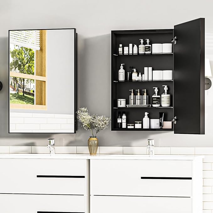 Matte Black Medicine Cabinet with Mirror 17x30 Inch, Surface Mount Only with 3 Adjustable Tempered Glass Shelves, Wall Mounted Bathroom Storage Cabinet Over Vanity
