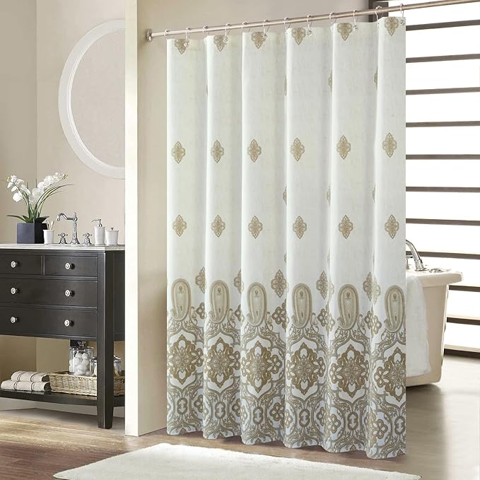 Long Fabric Shower Curtain, Beige and Tan Ombre Boho Paisley Damask Print Shower Curtains for Bathroom, Waterproof Bathroom Curtains, 72" W x 78" H