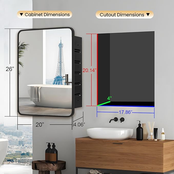 Black Medicine Cabinet 20x26 inch, Bathroom Mirror with Storage, Recessed or Wall Mounted Farmhouse Cabinets, Metal Framed Adjustable Shelves, One Door Open Left or Right