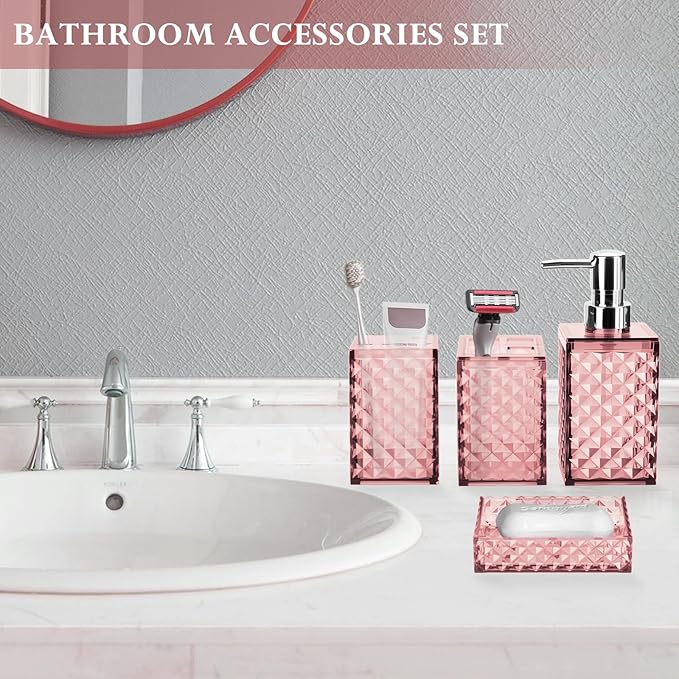 Bathroom Accessory Set, Grid Pattern 4 Pcs Plastic Bathroom Set Include Soap Dispenser, Soap Dish, Toothbrush Holder, Mousewash Cup, Modern Bahtroom D??cor Set(Pink)