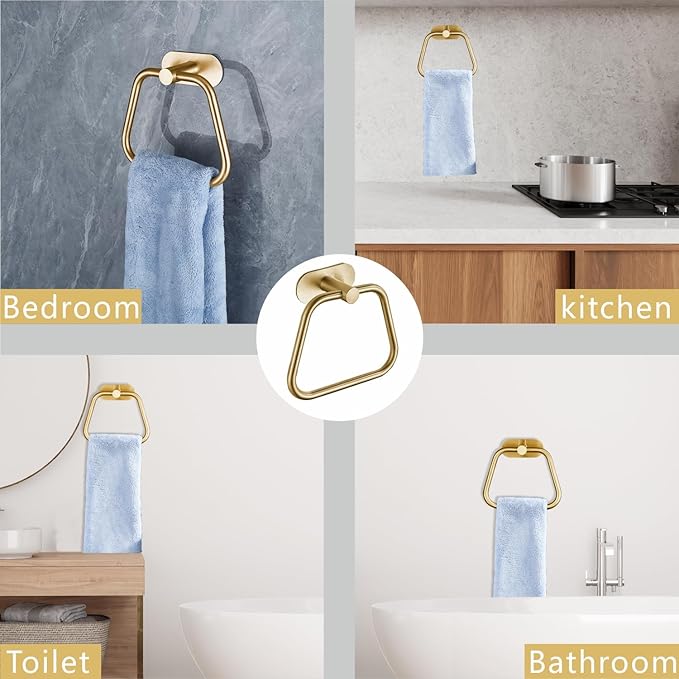 Self-Adhesive Towel Ring, Bathroom Hardware Accessories, 304 Stainless Steel Hand Towel Holder for Bathroom and Kitchen, Ladder Towel Hook, No Drill Installation Wall Mount (Gold)