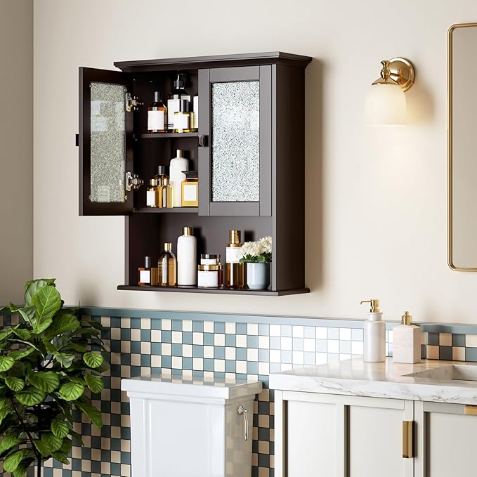 Bathroom Cabinet Wall Mount, Medicine Cabinet Over Toilet Storage Cabinet with Glass Door Build-in Spirit Level Cupboard Hanging Storage for Bathroom Laundry Kitchen Living Room (Espresso)