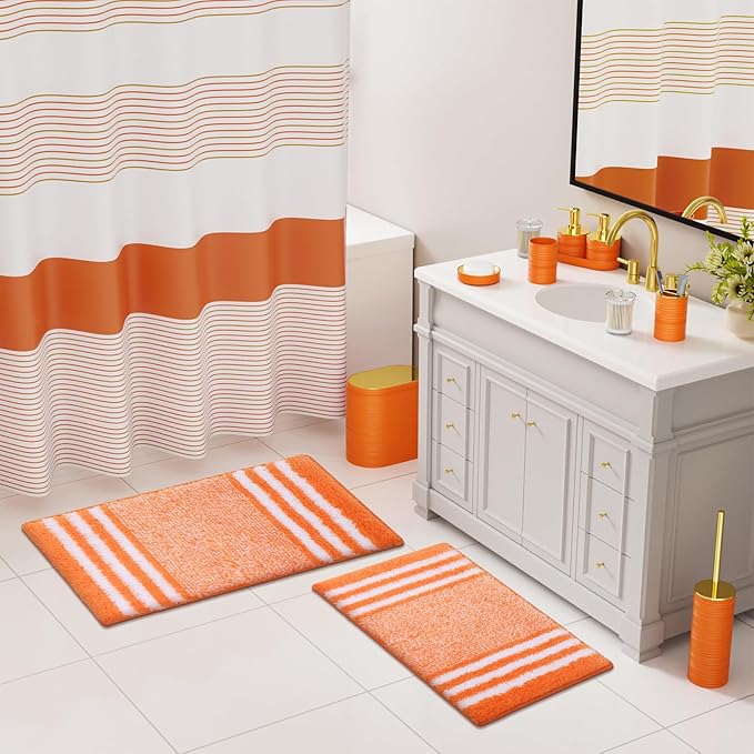 Bathroom Set - Bathroom Sets with Shower Curtain and Rugs, 25PC Bathroom Accessory Set, Orange Bathroom Accessories Set with Trash Can, Soap Dispensers