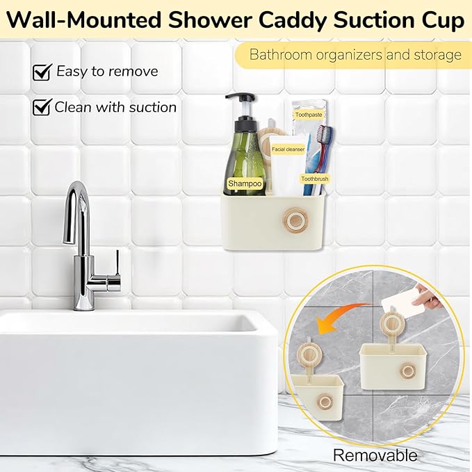 Suction Cup Shower Caddy, Plastic Shower Shelf with Drainage Bin, Vacuum-Lock Shower Organizer for Bathroom, Kitchen, RV, Hotel Storage (Original wood color-S)