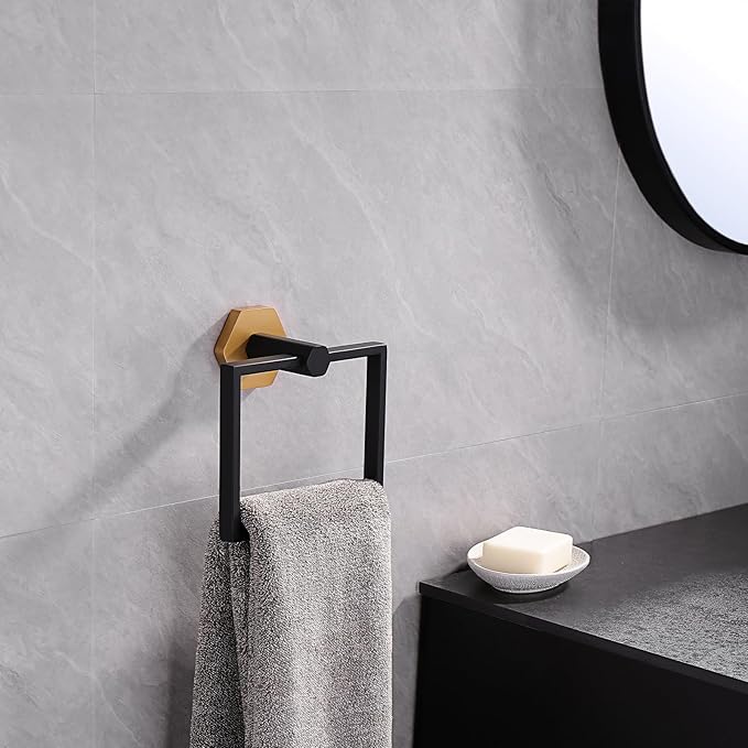 GERZWY Modern Towel Holder Stainless Steel Towel Ring for Bathroom Lavatory Wall Mount Contemporary Style (Black & Gold)