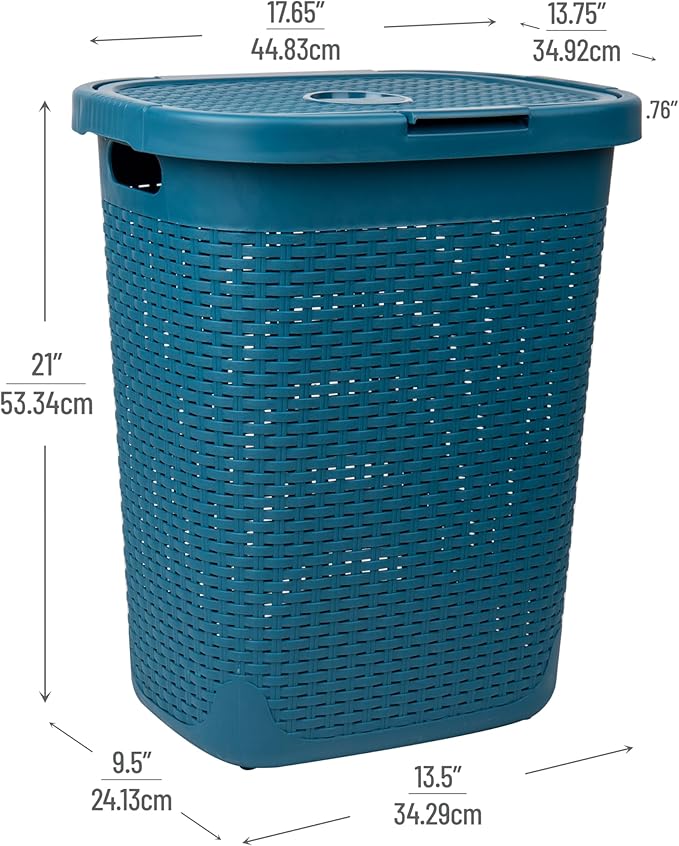 Mind Reader 50L Slim Laundry Hamper, Clothes Basket, Lid, Wicker Design, Plastic, 17.65"L x 13.75"W x 21"H, Blue
