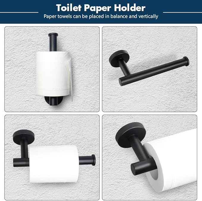 TocTen 5 PCS Bathroom Hardware Set SUS304 Stainless Steel-Towel Rack Set Include Lengthen Hand Towel Bar+Toilet Paper Holder+3 Robe Towel Hooks Bathroom Accessories Towel Bar Set(Matte Black,16IN)