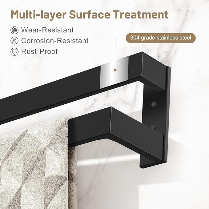 TNOMS Double Towel Bar,Towel Holder for Bathroom Stainless Steel Towel Rack Wall-Mounted Bathroom Towel Bar 24-Inch Bathroom Hardware Accessories,Matte Black