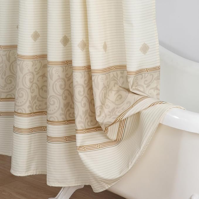 Long Stall Fabric Shower Curtain, Beige Tan Stripe Narrow Cloth Shower Curtains for Bathroom, Waterproof Bathroom Small Curtains, 54" W x 78" H
