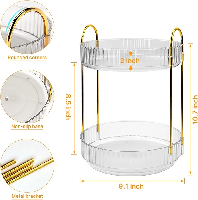 360 Spinning Makeup Organizer, Rotating Bathroom Makeup Holder Rack, Large Capacity Cosmetic Carousel Storage with 2 Tier Perfect for Dresser Bedroom Vanity (Clear)