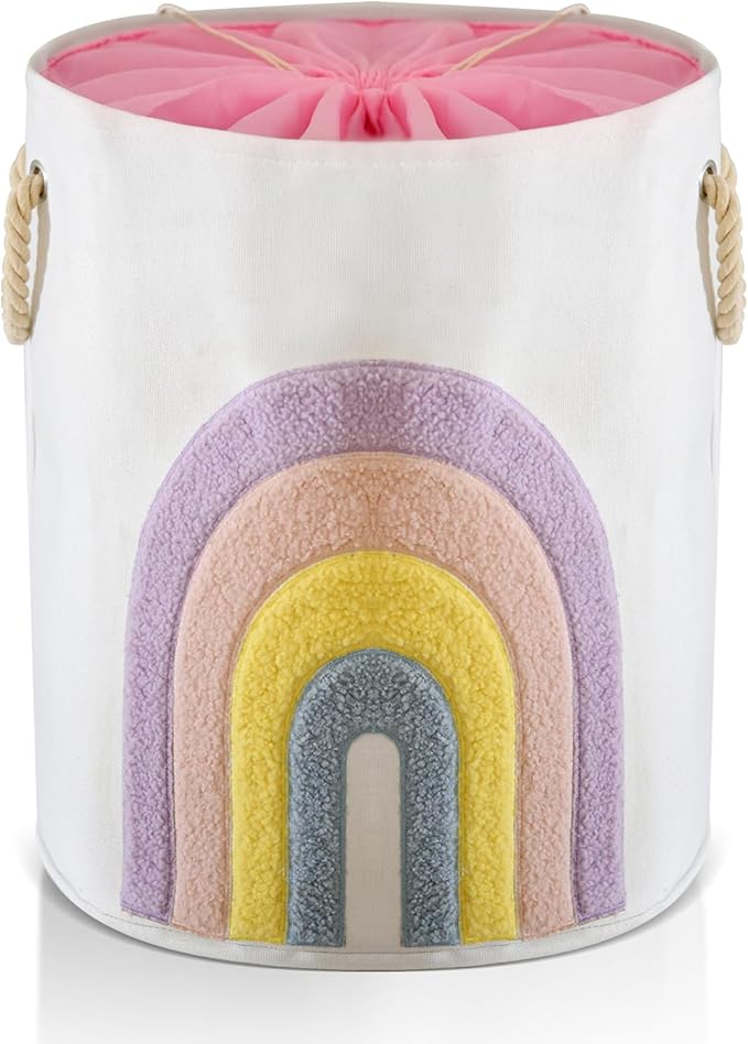 INough Pink Baby Hamper, XL Canvas 58L Laundry Basket with Drawstring Closure, Boho Rainbow Decor