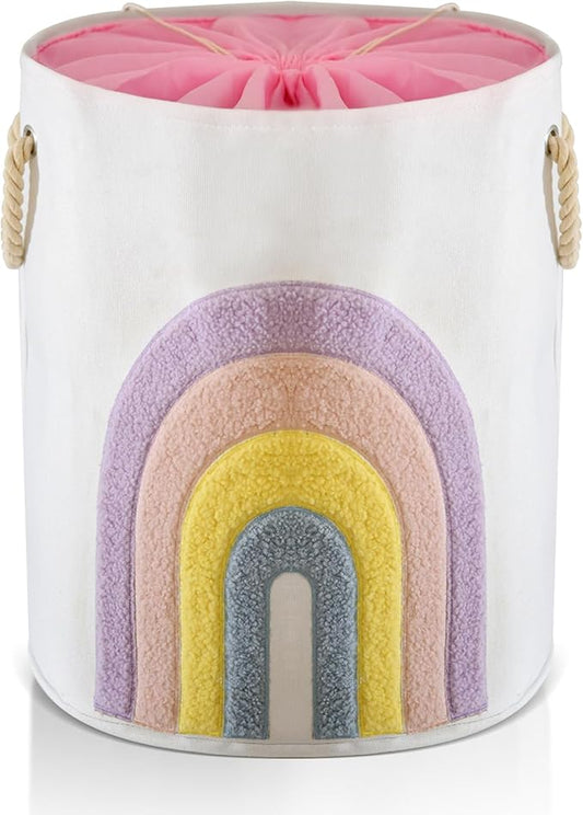 INough Pink Baby Hamper, XL Canvas 58L Laundry Basket with Drawstring Closure, Boho Rainbow Decor