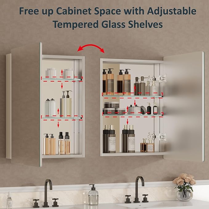 20x28 Inch Medicine Cabinet with Mirror, Recessed or Surface Mounted Bathroom Cabinets for Storage, 2 Fully Adjustable Tempered Glass Shelves, Soft-close DTC Hinges, HD Reflection Mirror Door, Silver