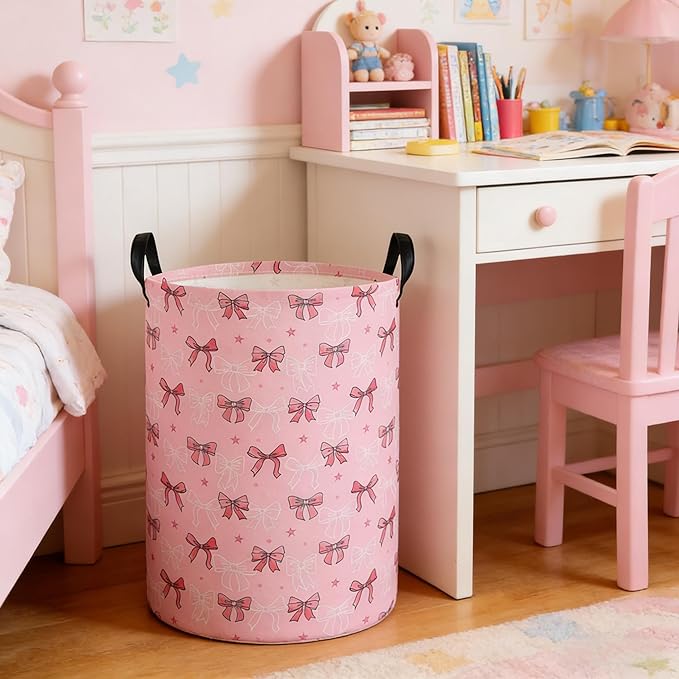Laundry Hamper Baby Nursery Hamper Waterproof Foldable Kids Laundry Basket Kids Dirty Clothes Hampers Girl Room Decor for Home Gift Baskets(Cute Bow)