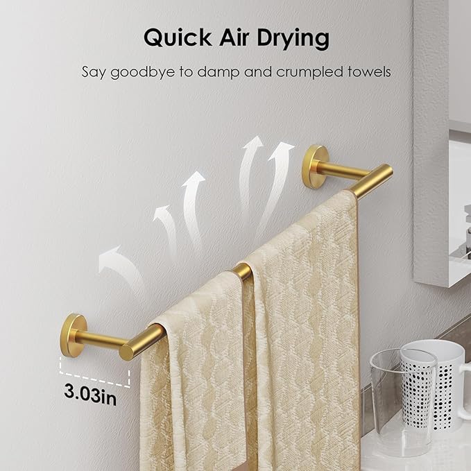 FORIOUS Bathroom Hardware Accessories Set, SUS304 Stainless Steel 24 Inch Towel Bar Set Wall Mounted, Modern Toilet Paper Holder with Shelf for Bathroom, 5 Pieces, Brushed Gold