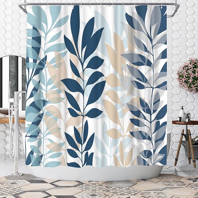 WELMECO Blue Shower Curtain Botanical Shower Curtain Blue Bathroom Decor Polyester Fabric, 72x72inch